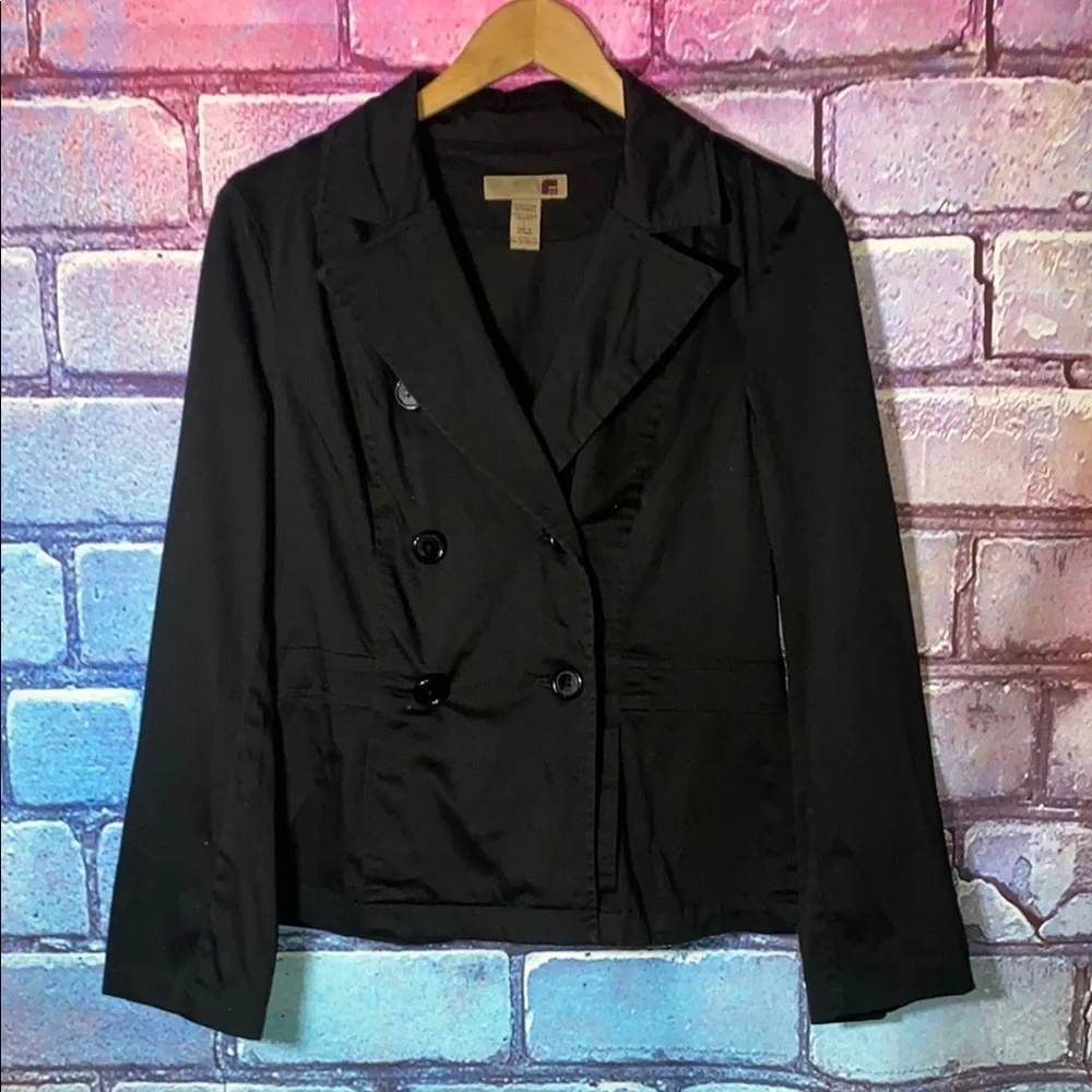 Women's Black Double-Breasted Jacket Coat Large Button Down